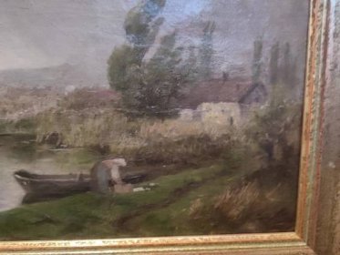 Pradlena u řeky 19.století sig. viz foto olej plátno 27x37cm - Umění