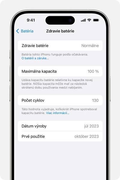 Obrazovka Zdravie batérie so zobrazením stavu batérie, maximálnej kapacity, počtu cyklov, dátumu výroby a dátum prvého použitia.