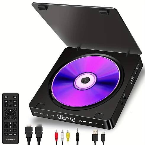 Portable 1080P Mini DVD Player with Remote Control, Supports CD/ DVD/ VCD, Connects to TV, * USB and TF Card Slots, Player * to TV