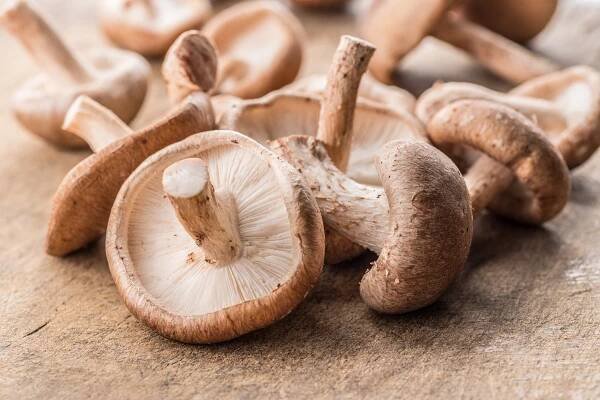 Closeup of mushrooms on a cutting board.