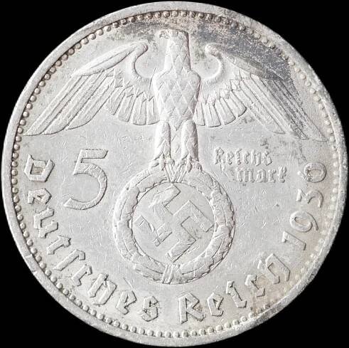Německo - 5 Marka 1936 A Hindenburg hákový kříž - stříbrná mince