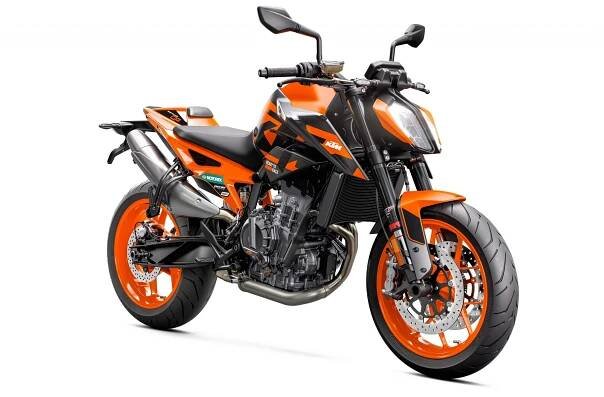 A studio shot of the KTM 890 Duke GP on a white background