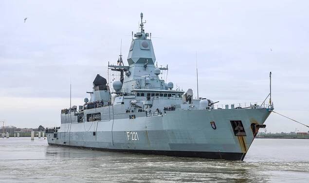 The frigate F 221 Hessen of the German Bundesmarine navy leaves its home port Wilhelmshaven for the Mediterranean Sea on Feb. 8, 2024.