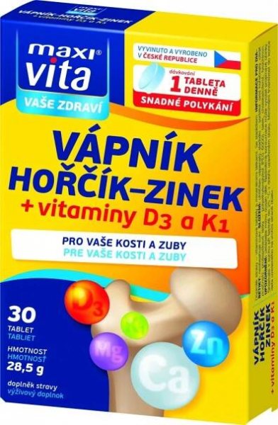 Maxivita Vápník Hořčík Zinek + Vitamíny D3 a K1 30 tablet