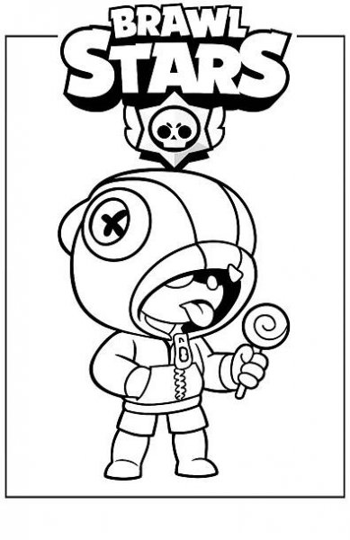 Černobílá omalovánka postavy Leon ze hry Brawl Stars s lízátkem, formát A4 na výšku