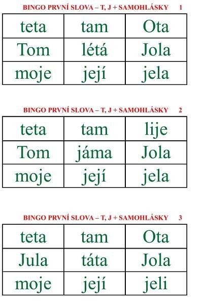 BINGO – ČTENÍ PRVNÍCH SLOV Z PÍSMEN - m, l , p, s, t, j + samohlásky | Prima úča