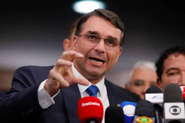 Sen. Flavio Bolsonaro, son of former Brazilian President Jair Bolsonaro, speaks during a press conference about the Federal Supreme Court trial that could convict his father of attempted coup at the Federal Senate in Brasilia on Tuesday.