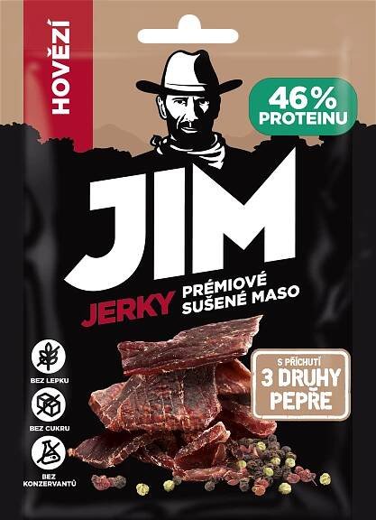 Jim jerky Hovězí s příchutí 3 druhy pepře, 23 g - Emco spol. s r. o.