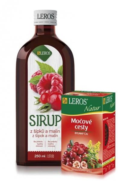 Leros Sirup z šípků a malin 250 ml + čaj Močové cesty 20 x 1,5 g