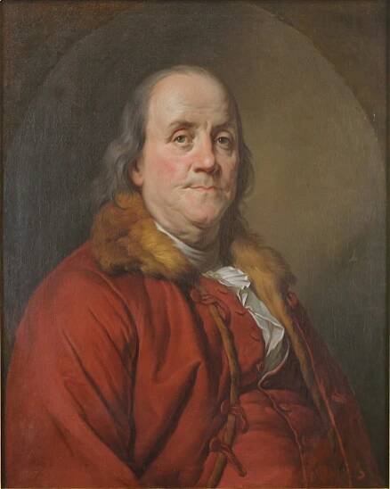 Eighteenth-century portrait of Benjamin Franklin in a red coat with fur trim, painted by Joseph Duplessis.