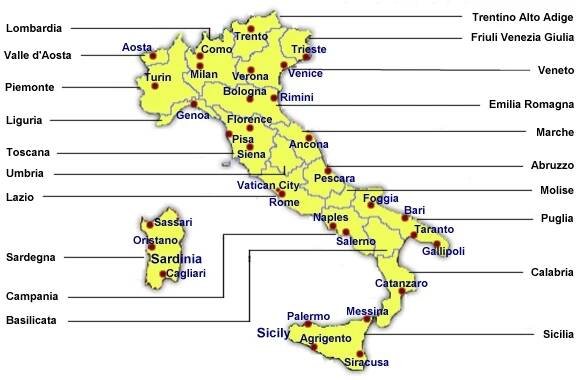 itálie regiony mapa Oblasti Itálie, regiony Itálie   Sicílie Toskánsko Umbrie Benátsko 