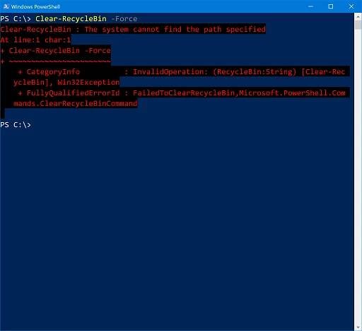 PowerShell codebase misuses SHEmptyRecycleBin function in Clear-RecycleBin cmdlet