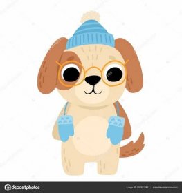 Download - Cartoon cute baby dog standing with glasses, hat and mittens. Isolated vector winter illustration for childrens book. — Illustration