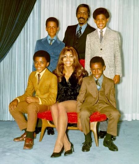 Ike & Tina Turner with their son and step-sons in circa 1972. Top row: Ike Turner, Jr., Ike Turner, and Craig Hill. Bottom row: Michael Turner, Tina Turner, and Ronnie Turner.