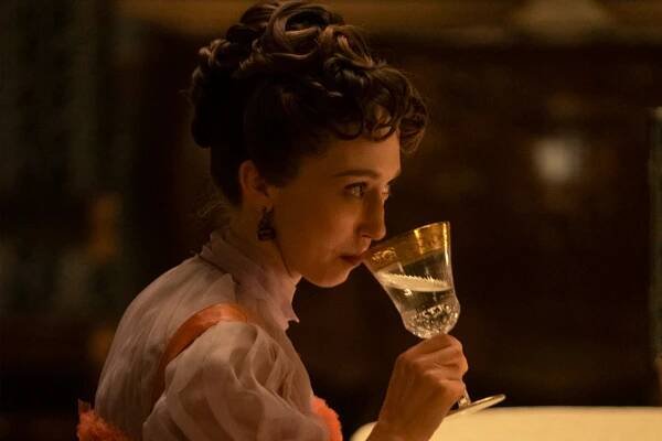 Gladys Russell (Taissa Farmiga) sipping from a crystal goblet in 'The Gilded Age' Season 3