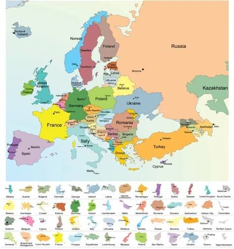 Hranice zemí a města Evropy mapa