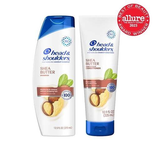 Head  Shoulders Shea Butter Shampoo and Conditioner two white bottles with blue caps on white background with red Allure...