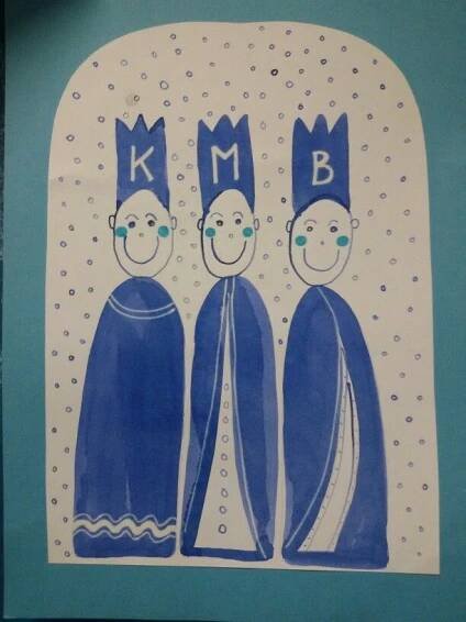 a painting with three people wearing crowns on their heads and the letter m is for mmb