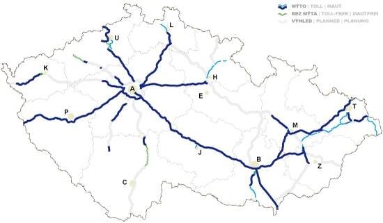 Mapa zpoplatněných úseků dálnic a rychlostních silnic