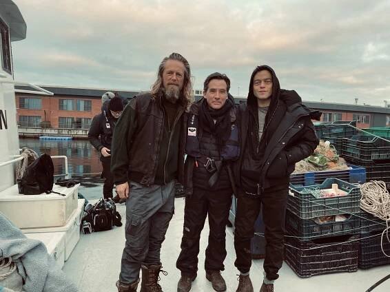 Fredrik Wagner, Rami Malek, and director James Haves behind the scenes on the set of The Amateur