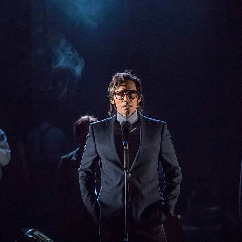 Thomas Arnold, Ajay Naidu, Christian Camargo and Max Casella in The Kid Stays in the Picture directed by Simon McBurney. (Photo: Johan Persson)