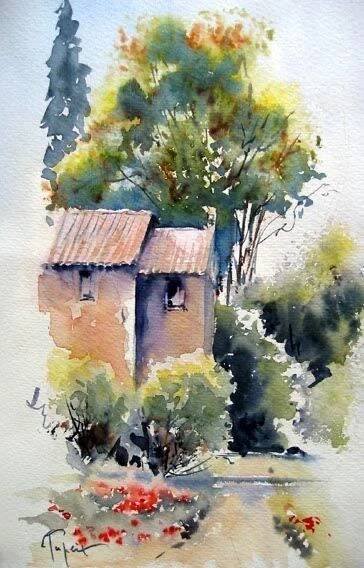 Pintura em aquarela de uma casa com árvores e flores