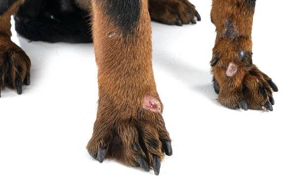 sick rottweiler in studio