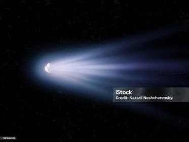 Jasný meteorit na noční obloze. Kometa obklopená plynem a prachem. - Bez autorských poplatků Kometa - Kosmický prostor Stock fotka