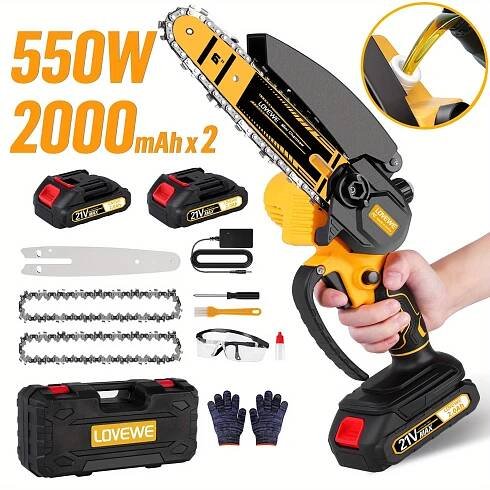 Cordless Mini Chainsaw, 6 Inch Handheld Electric Chain Saw With 2pcs 2000mAh Batteries, 18FT/* - Automatic Chain Tensioning & Auto * For Tre