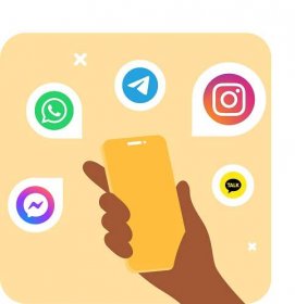 illustration of hand holding mobile phone with social icons