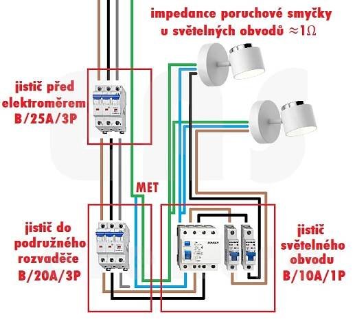 Schéma zapojení společného proudového chrániče u světel.