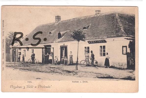Rohovládova Bělá 1901 - Pardubice , hostinec , kolo  , /FX/ - Pohlednice místopis