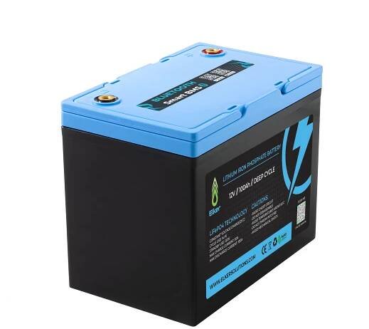 Lithium iron phosphate battery 12V 100Ah deep cycle for camper vans boats solar systems. Ideal energy storage solution with Bluetooth monitoring.