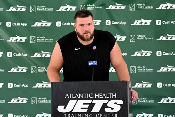Jets center Josh Myers at a press conference.