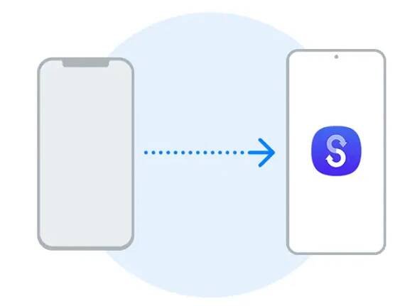 Jsou zobrazeny dva smartphony. Na telefonu vpravo je ukázána ikona aplikace Smart Switch. Zobrazuje se přenos dat z telefonu vlevo do telefonu vpravo.