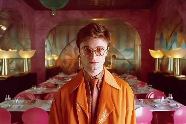 Harry Potter AI generovaný obraz ve stylu Wese Andersona.
