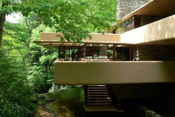 Cantilevered living areas over Bear Run at Fallingwater in Pennsylvania
