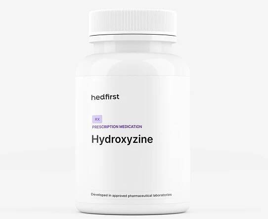 White prescription medication bottle labeled Hydroxyzine for non-habit forming anxiety relief on white background.
