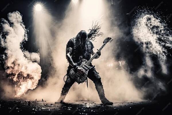 heavy metal guitarist shredding on stage surrounded by smoke and pyrotechnics