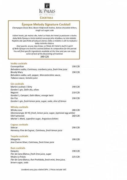 Lobby Bar - Bar Menu - Le Palais Art hotel Prague v blízkosti centra Prahy - Hotel v Prahy