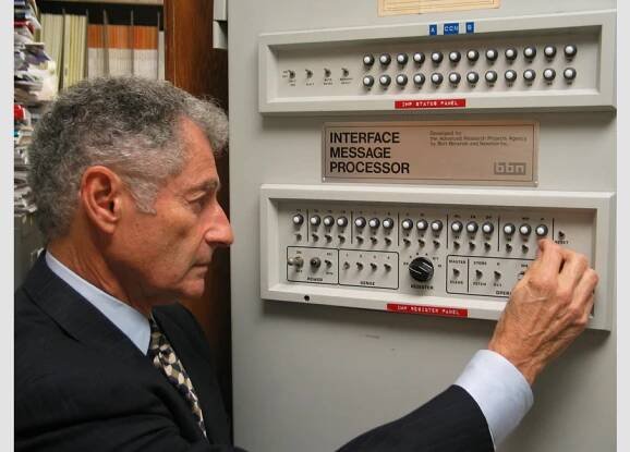 Leonard Kleinrock at the Interface Message Processor, or IMP, which was used to send the first message on the internet in 1969
