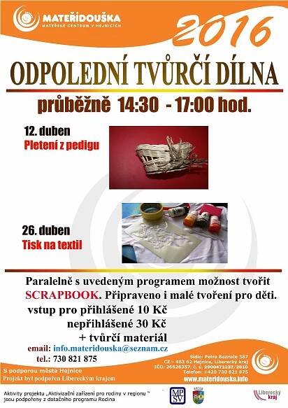 Oficiální stránky obce Bílý Potok - Mateřské centrum Mateřídouška Hejnice - akce v dubnu 2016