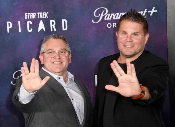 HOLLYWOOD, CALIFORNIA - FEBRUARY 09: Trevor Roth and Rod Roddenberry attend premiere of the third and final season of Paramount+'s Original Series 