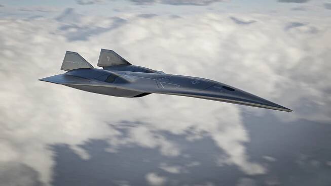 Illustration of the Lockheed Martin SR-72 hypersonic spy plane in flight.