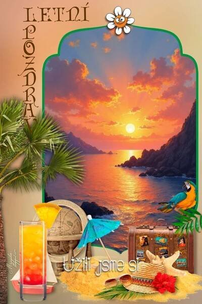 an image of a tropical sunset with the sun setting over the ocean and birds on the beach