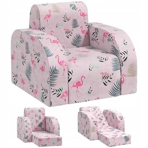 Dětská sedačka s funkcí postele, do 3 let/45 kg, vzor plameňák, Růžová