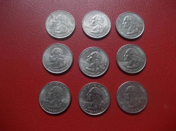 9 kusů  čtvrt dolarů, každý jiný stát USA i varianty na rubu mincí č.3 - Numismatika