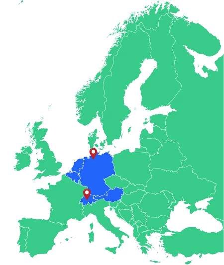 Karte von Europa mit den verschiedenen Vertriebsländern von soobr markiert