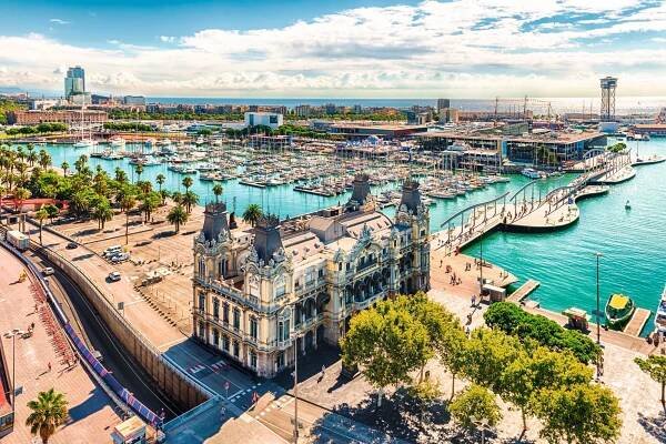 Aerial view of Port Vell from the top of the Columbus Monument.