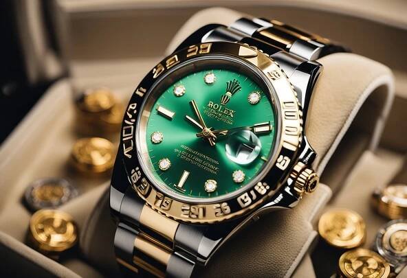 A luxurious Rolex watch with an oyster case is displayed on a velvet cushion, surrounded by other iconic watch replicas
